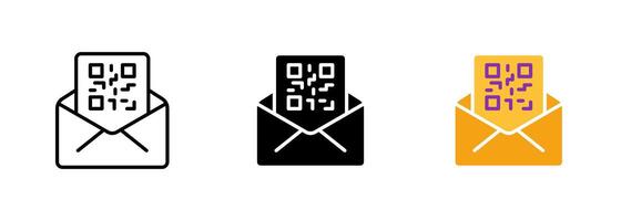 Letter or envelope with a QR code icon, which may represent the concept of digital communication or linking to online information. set of icons in line, black and colorful styles isolated. vector
