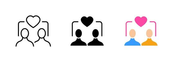 An icon of a couple with a heart symbol, often used to represent love, romance, or a romantic relationship. set of icons in line, black and colorful styles isolated. vector