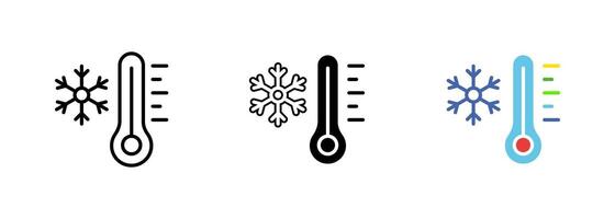 Thermometer with a snowflake symbol on it, indicating the temperature is below freezing point. set of icons in line, black and colorful styles isolated. vector