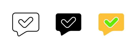 Message bubble with a checkmark inside, which may represent the concept of a successfully sent or delivered message. set of icons in line, black and colorful styles isolated. vector