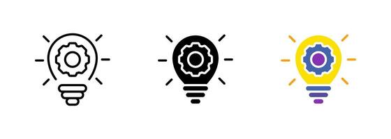 Light bulb with gears or cogs inside, which may represent the concept of innovation or creativity in a technical context. set of icons in line, black and colorful styles isolated. vector