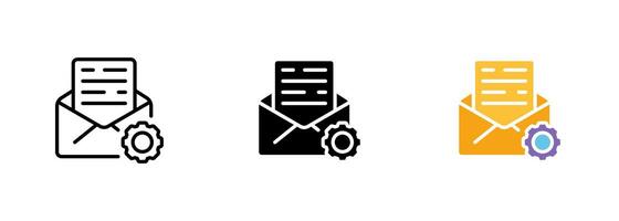 An envelope icon with a gear symbol, representing email settings and customization. set of icons in line, black and colorful styles isolated. vector
