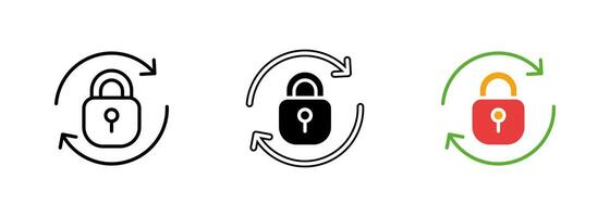 A lock with an icon of recycling, representing secure recycling or environmentally-friendly practices. set of icons in line, black and colorful styles isolated. vector