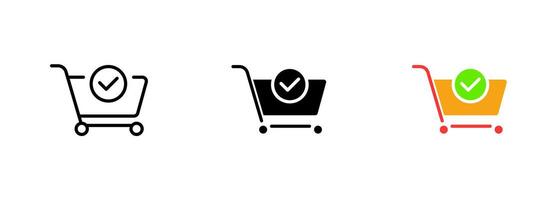 A shopping cart or basket filled with various groceries and a green check mark symbol, indicating that the shopping is complete. set of icons in line, black and colorful styles isolated. vector