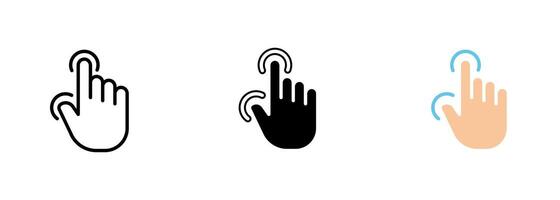 A touch-based interface with two fingers making a zoom-in or zoom-out gesture, signifying the capability to resize or rescale. set of icons in line, black and colorful styles isolated. vector