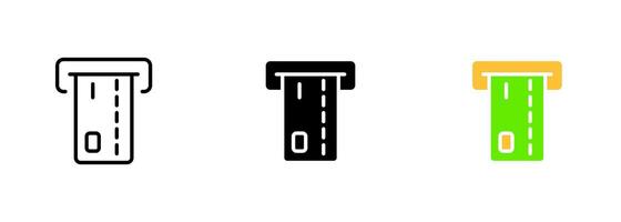 An ATM machine dispensing US dollars, with a user inserting a bank card and entering a PIN number. set of icons in line, black and colorful styles isolated. vector
