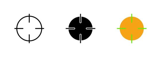 An icon of a crosshair or targeting reticle used to aim at a target in shooting or hunting games. set of icons in line, black and colorful styles isolated. vector