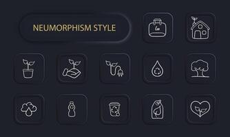 Set of eco-friendly energy icons representing renewable energy sources such as solar power, wind power. Neomorphism style. line icon vector