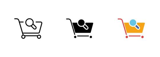 An image of a shopping cart with a magnifying glass, representing the ability to search and find specific items while shopping. set of icons in line, black and colorful styles isolated. vector