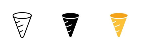 A crispy, cone-shaped pastry filled with ice cream or other sweet fillings, commonly known as a waffle cone. set of icons in line, black and colorful styles isolated. vector