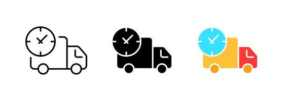 A delivery van with a clock symbol, indicating a time-sensitive or scheduled delivery service. set of icons in line, black and colorful styles isolated. vector