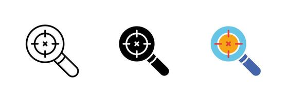 A magnifying glass with a crosshair icon displayed inside the lens, representing the idea of targeting or focusing. set of icons in line, black and colorful styles isolated. vector