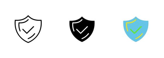 A shield-shaped icon featuring a checkmark, representing accomplishment, safety, and security. set of icons in line, black and colorful styles isolated. vector