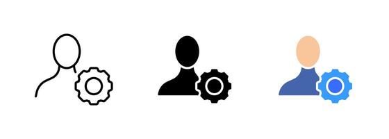 An icon of a user with a gear, representing the user's ability to customize and adjust settings and preferences. set of icons in line, black and colorful styles isolated. vector