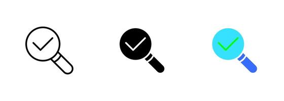 An icon of a magnifying glass with a checkmark, representing the idea of thoroughness and attention to detail in the context. set of icons in line, black and colorful styles isolated. vector