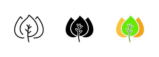 Three green leaves, arranged in a symmetrical pattern, with visible veins and jagged edges. set of icons in line, black and colorful styles isolated. vector