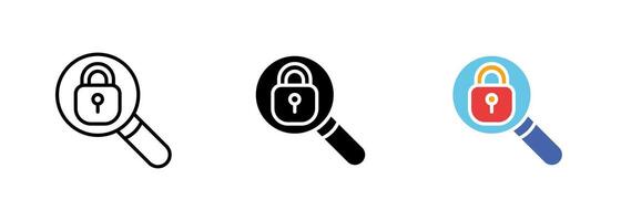 An icon of a magnifying glass with a lock, representing the concept of secure search or protected information. set of icons in line, black and colorful styles isolated. vector