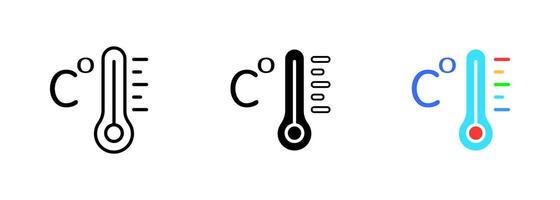 A thermometer with the Celsius degree symbol displaying the current temperature. set of icons in line, black and colorful styles isolated. vector