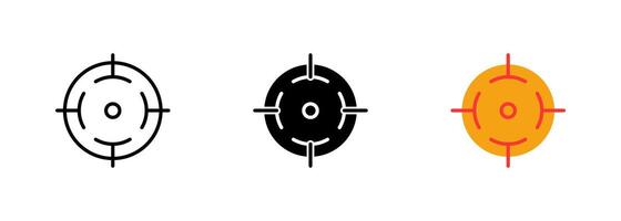 An icon of a crosshair or targeting reticle used to aim at a target in shooting or hunting games. set of icons in line, black and colorful styles isolated. vector