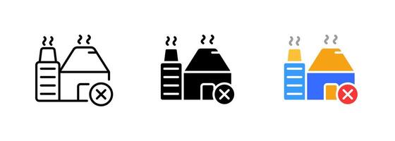 Factory icon with a red cross, indicating that the factory is closed or out of operation. set of icons in line, black and colorful styles isolated. vector