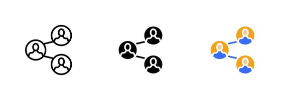 An icon of two people with an arrow pointing towards them, representing the idea of sharing contacts or information. set of icons in line, black and colorful styles isolated. vector