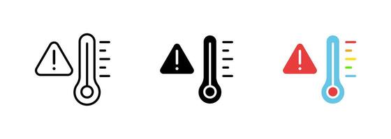 An icon of a thermometer with a threat level symbol, representing the idea of warning or danger. set of icons in line, black and colorful styles isolated. vector