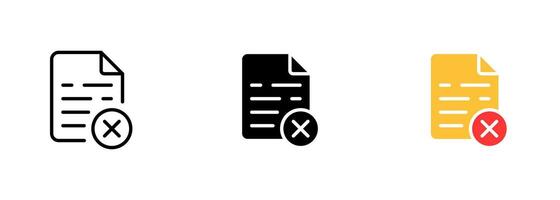 A file or document icon with a red X or cross on it, indicating that the file has been deleted or cannot be opened. set of icons in line, black and colorful styles isolated. vector