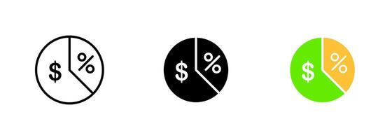 A circular chart showing the breakdown of financial data in percentages, with the symbols for the US dollar and percentage. set of icons in line, black and colorful styles isolated. vector