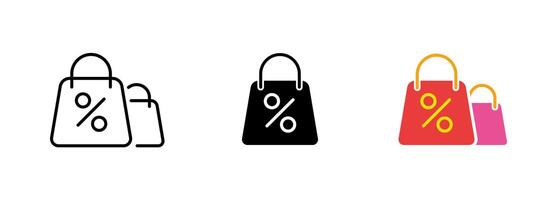 An icon of a bag or purse with a percentage sign, representing the idea of a discount or sale. set of icons in line, black and colorful styles isolated. vector