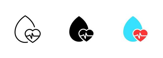 A heart rate icon within a single drop, symbolizing the importance of monitoring one's cardiovascular health. set of icons in line, black and colorful styles isolated. vector