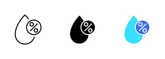 An icon of a water drop with a percentage symbol inside it. The icon is typically used to represent the level of liquid. set of icons in line, black and colorful styles isolated. vector