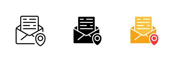 An icon of a letter with a GPS symbol, representing the idea of location-based communication or navigation. set of icons in line, black and colorful styles isolated. vector