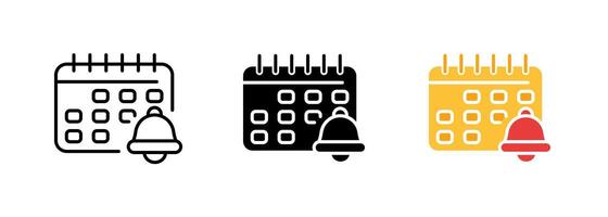 A calendar icon featuring a small alarm clock, indicating a scheduled event or deadline. set of icons in line, black and colorful styles isolated. vector