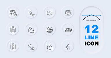 Set of icons representing voting and elections. Democracy, ballot, icons, set, election, vote. Pastel color background. 12 line icon vector
