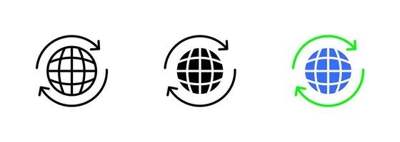 A planet with a recycling symbol, representing the importance of sustainability and responsible waste management for the health. set of icons in line, black and colorful styles isolated. vector
