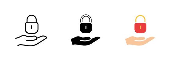 An illustration of a hand holding a shiny metal lock, with the fingers tightly gripping the lock and the keyhole clearly visible. set of icons in line, black and colorful styles isolated. vector