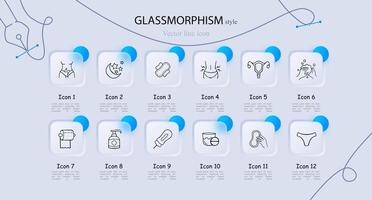 Set of icons representing menstruation and feminine hygiene. Empowering, menstrual cycle, women's health. Glassmorphism style. line icon vector