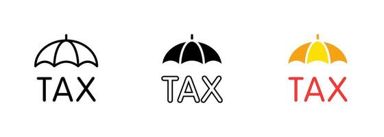 A text Taxes written in bold, capital letters, positioned underneath a colorful umbrella that provides a sense of protection. set of icons in line, black and colorful styles isolated. vector