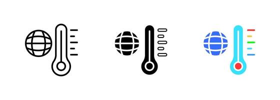 A thermometer with a planet icon, representing the measurement of temperature on a global or universal scale. set of icons in line, black and colorful styles isolated. vector