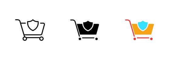 An icon of a shopping basket with a shield, representing the idea of protection and safety in the context of food and product safety. set of icons in line, black and colorful styles isolated. vector