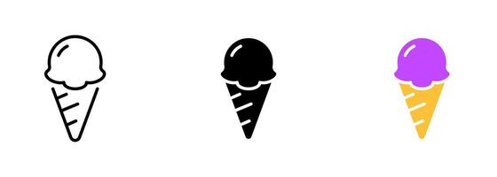 A delicious scoop of creamy ice cream in a crispy waffle cone, topped with colorful sprinkles and a cherry on top. set of icons in line, black and colorful styles isolated. vector