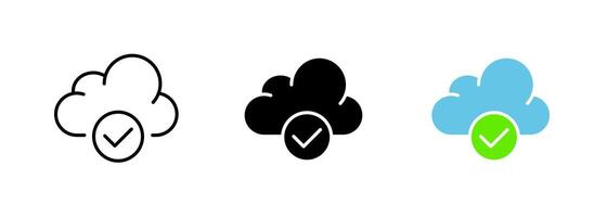 An icon of a cloud with a checkmark, representing completion or success in a cloud computing or data storage context. set of icons in line, black and colorful styles isolated. vector