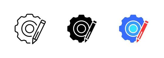 An icon of a gear or cogwheel with a pencil symbol inside it. This icon is often used to represent settings. set of icons in line, black and colorful styles isolated. vector