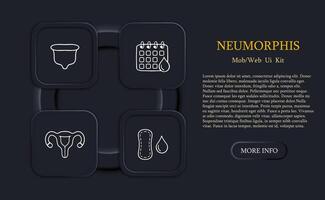 Set of icons representing menstruation and feminine hygiene. Empowering, menstrual cycle, women's health. Neomorphism style. line icon vector