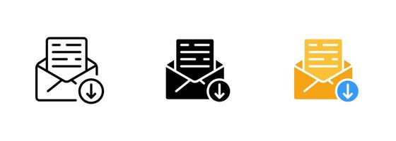 An icon of an envelope or letter with a loading or download symbol inside it. set of icons in line, black and colorful styles isolated. vector