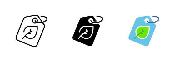 A label or tag with a green leaf or foliage design, often used to denote environmentally friendly or sustainable products. set of icons in line, black and colorful styles isolated. vector