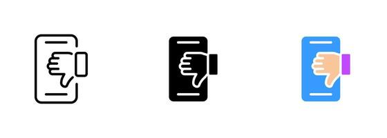 A smartphone with a finger pointing downwards icon, suggesting a gesture of disapproval or rejection. set of icons in line, black and colorful styles isolated. vector