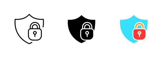 A shield with an icon of a lock, symbolizing security and protection. The lock icon is often used to represent data privacy. set of icons in line, black and colorful styles isolated. vector