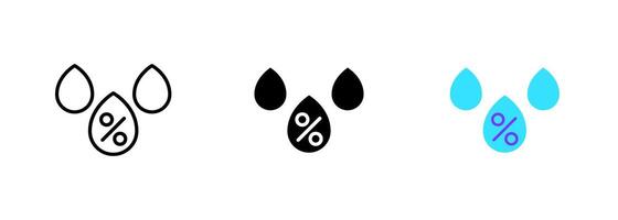 An icon of a water drop with a percentage symbol inside it. The icon is typically used to represent the level of liquid. set of icons in line, black and colorful styles isolated. vector