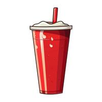 Cola in a red striped cup with a lid and a straw. Cold drink with ice, drops of condensate on the cup, beverage, takeaway, fast food, carbonated, coke, cocktail vector
